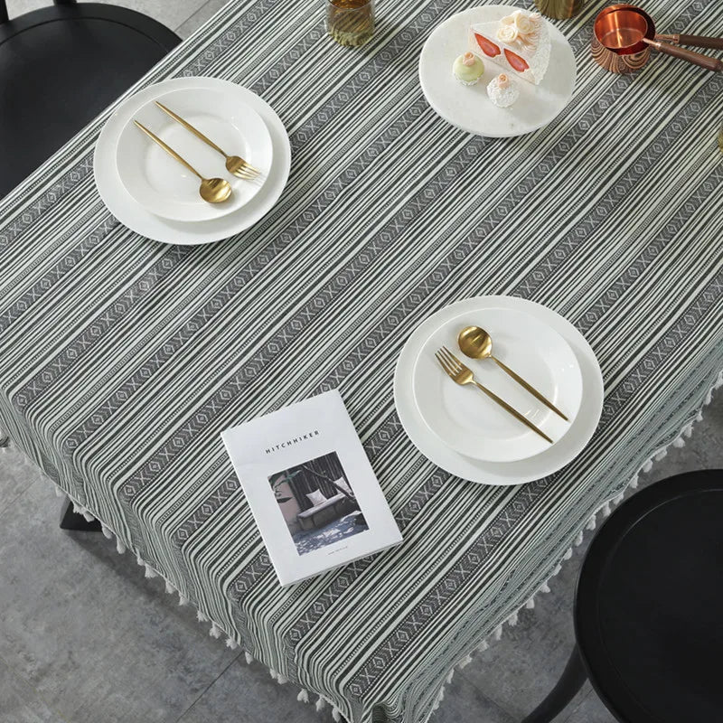 Hemasa  Bohemian Dining Tablecloth Colour Cotton Stripe Print Table Cloth Tassels