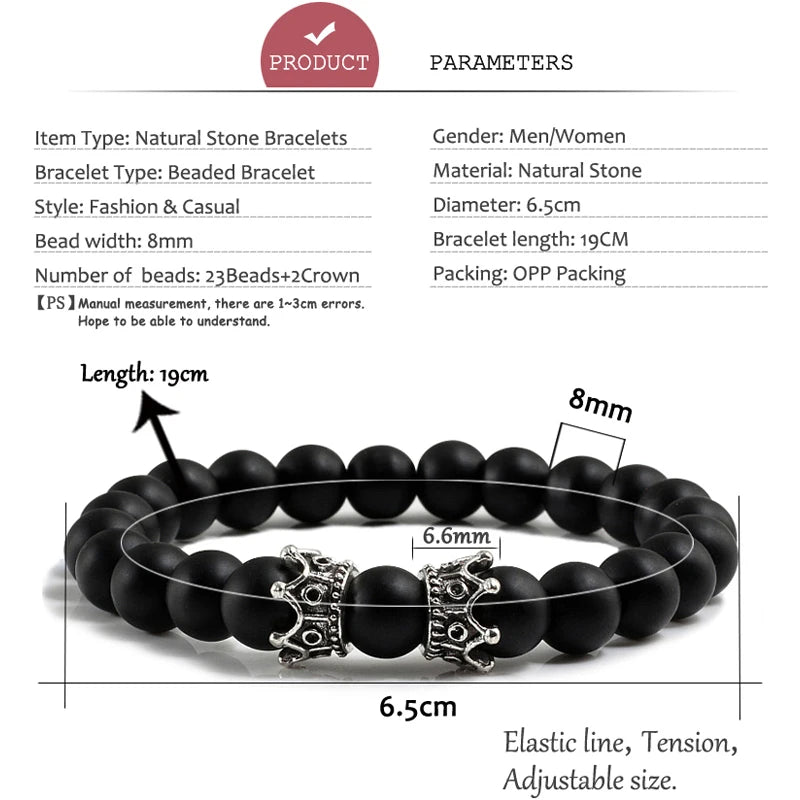Hemasa Men Black Lava Bracelet Natural Stone Bead Bracelet with Gold Color Black Double Crown Bracelet Couple Jewelry
