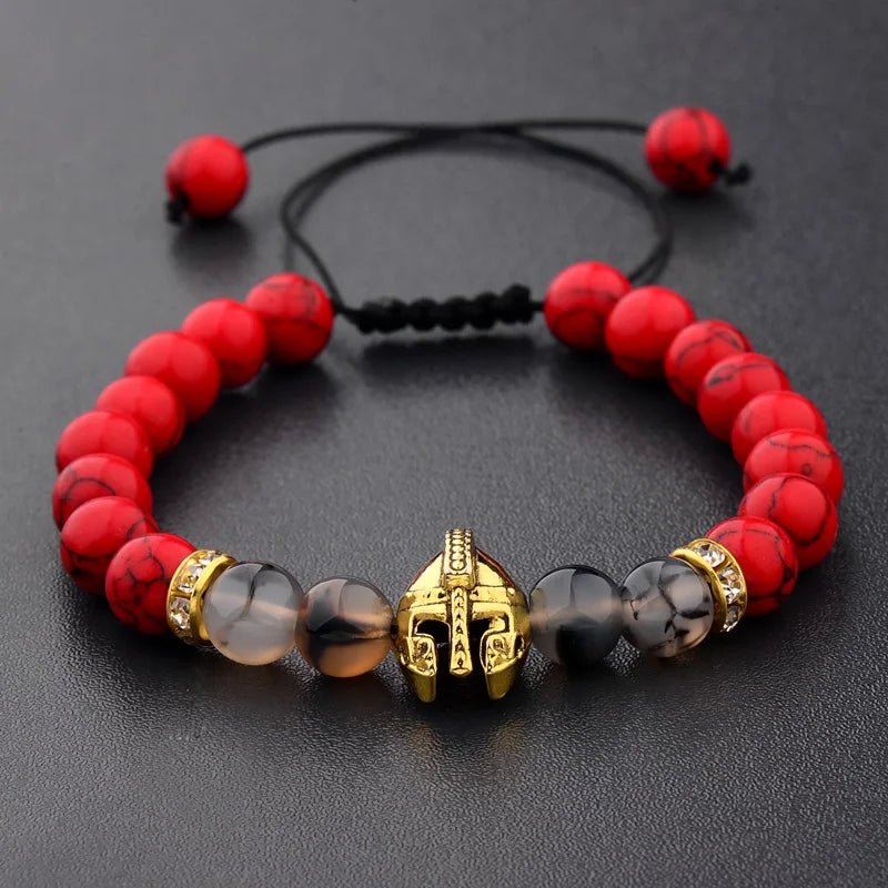 2020 Charm Men Weaving Bracelet Knight Spartan Warrior Gladiator Helmet Red Turquoises Stone Bracelets For Women ABK014