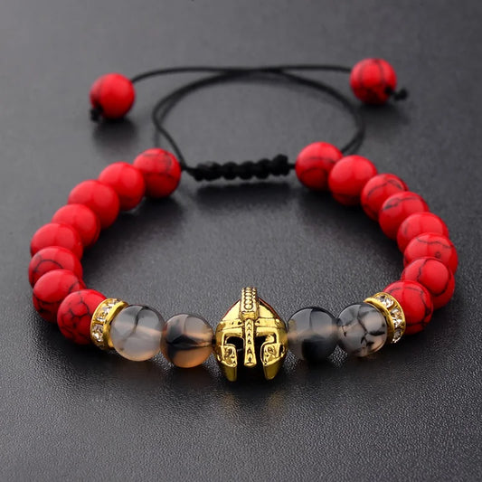 2020 Charm Men Weaving Bracelet Knight Spartan Warrior Gladiator Helmet Red Turquoises Stone Bracelets For Women ABK014