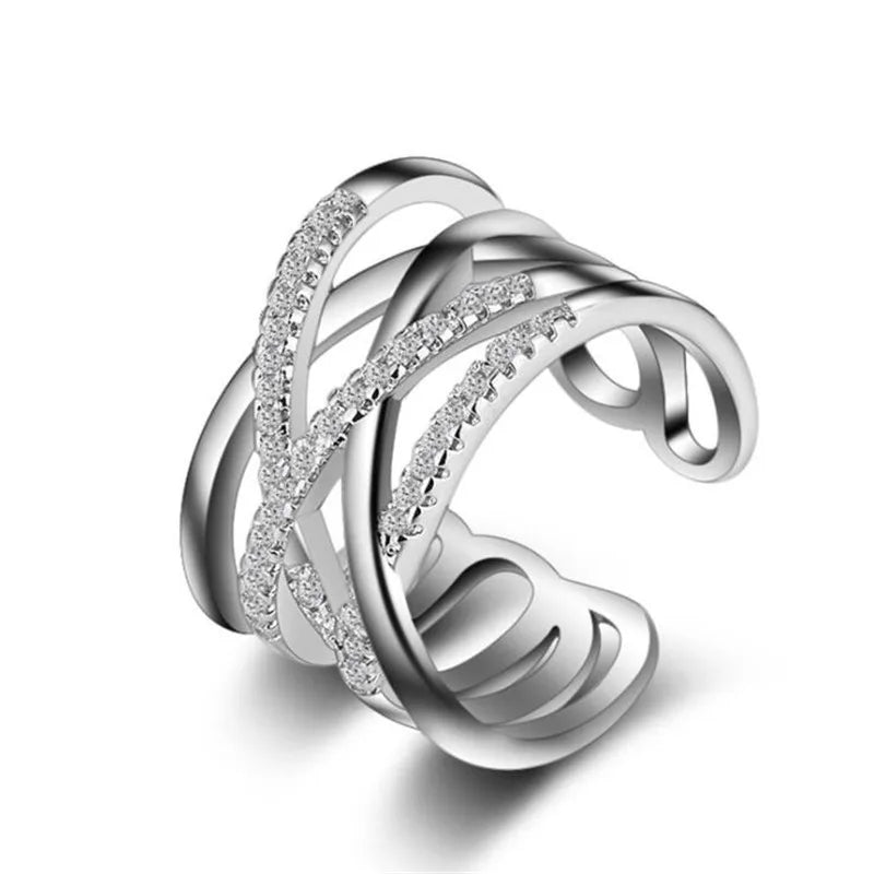 Korean Style 925 Sterling Silver Opening Rings Multi-layer Line Cross Mosaic Zirconia Rings For Women Jewelry S-r243