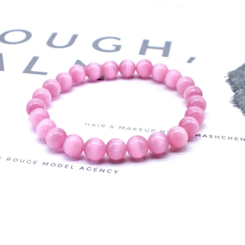 Heamasa Cute 4/6/8/10/12MM Pink Cat eye Beads Bracelet Bangle for Women