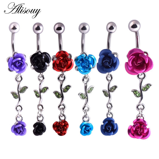 Alisouy 1pc Fashion Surgical Steel Silver Color Rose Flower Navel belly button rings Bar Piercing Sexy Body Jewelry for women