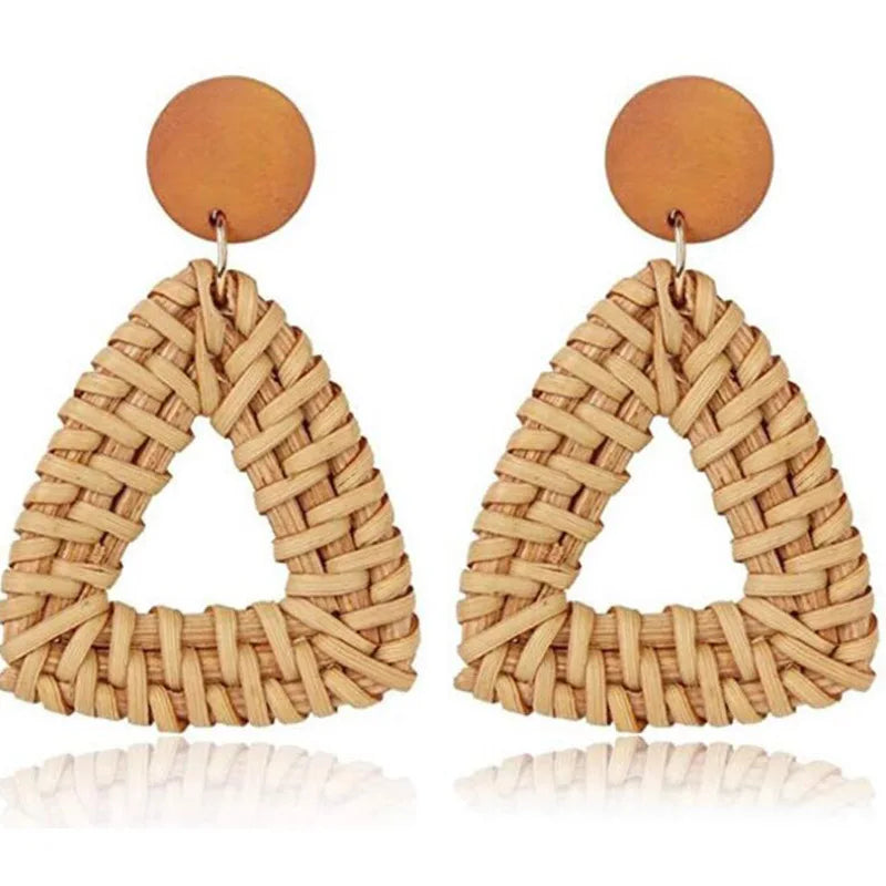 YAOLOGE 2024 New Korea Handmade Wooden Straw Woven Rattan Vine Braid Geometric Large Circle Long Drop Earrings For Women Girl