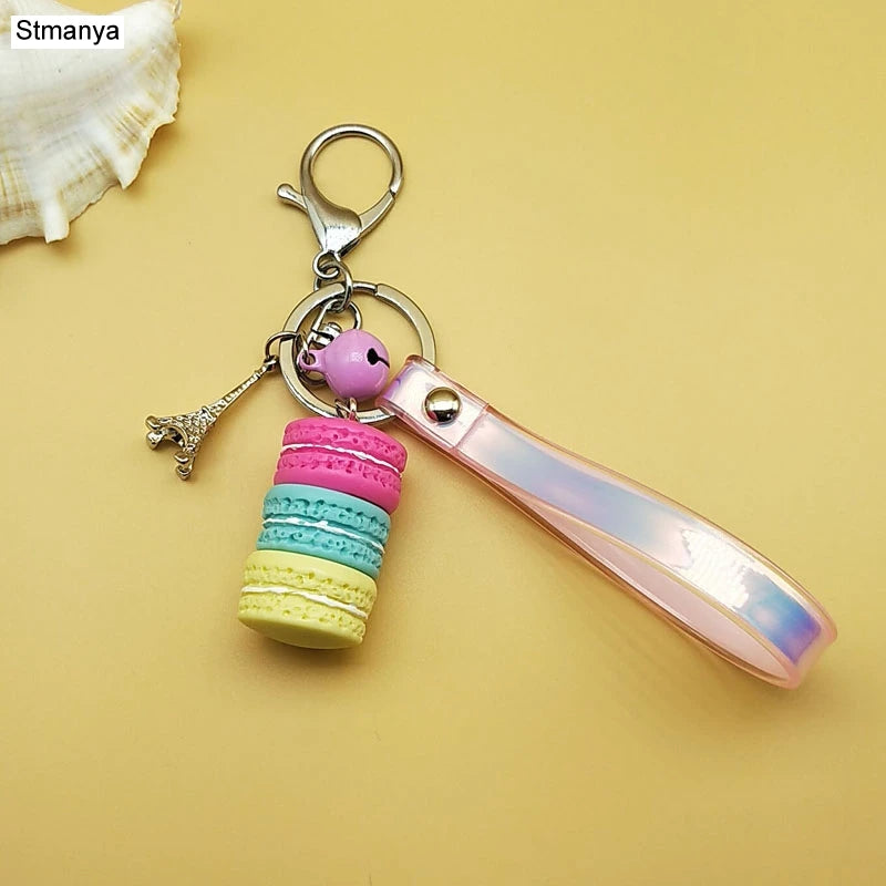 New Cake Key chain fashion car Key Ring Women bag charm accessories France Cake Macarons with Eiffel Tower Keychain gift Jewelry