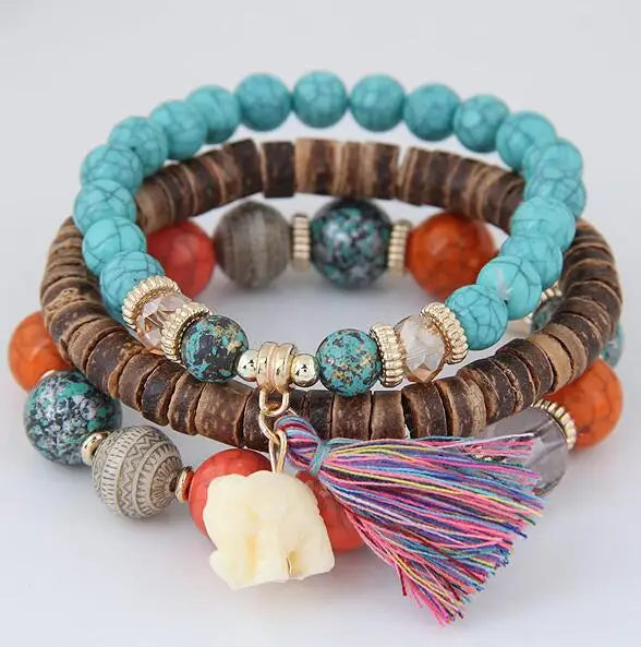 3pcs/set Wooden Beads Bracelets For Women Bohemia Elephant Tassel Charm Bracelets & Bangles Set Boho Vintage Jewelry Femme