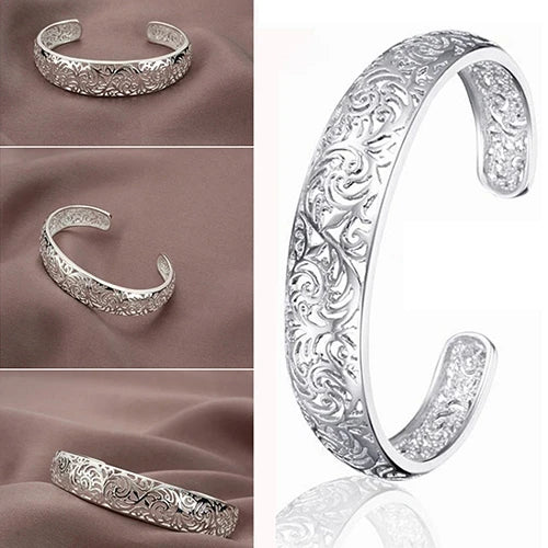 2023 New Fashion Women's Silver Plated Bezel Hollow Cuff Bangle Open Bracelet For Women Luxury Jewelry Accessory Gift