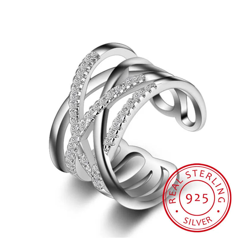 Korean Style 925 Sterling Silver Opening Rings Multi-layer Line Cross Mosaic Zirconia Rings For Women Jewelry S-r243