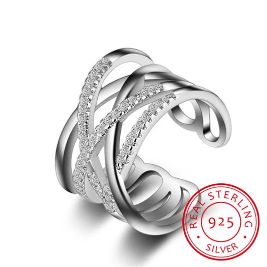 Korean Style 925 Sterling Silver Opening Rings Multi-layer Line Cross Mosaic Zirconia Rings For Women Jewelry S-r243