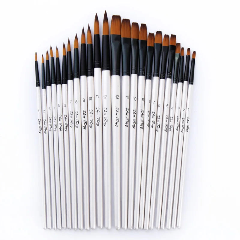 12 24 PCS Nylon Hair Wooden Handle Watercolor Paint Brush Pen Set for Learning Oil Acrylic Painting Art Paint Brushes Supplies