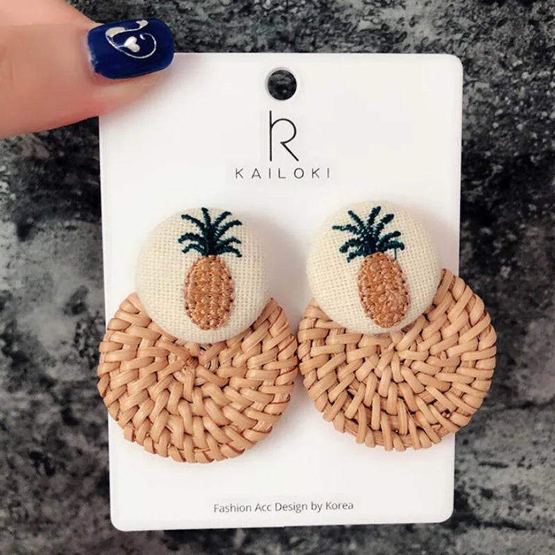 Hemasa Handmade Pineapple Drop Earrings For Women /Wooden Straw Weave Rattan Earrings for Women