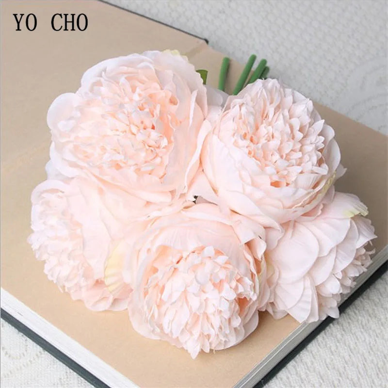 Hemass  5pc Big Peony Artifcial Silk Flower Wedding Bouquet Decor White Peony Home Display Fake Flower Pack Heart Peony Pink Rose