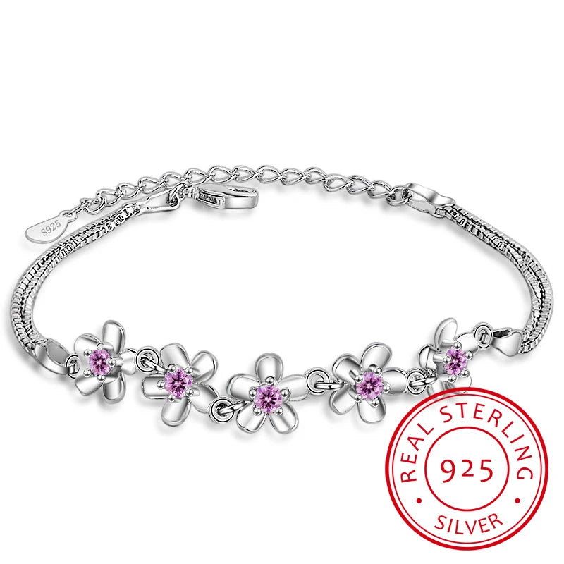 Luxury 925 Sterling Silver Bracelets Purple Zirconia Plum Flower Bracelets & Bangles For Women Pulseira De Prata S-b51
