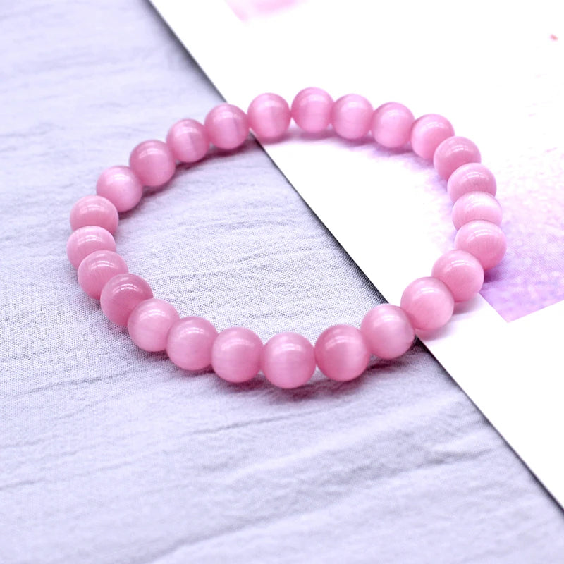 Heamasa Cute 4/6/8/10/12MM Pink Cat eye Beads Bracelet Bangle for Women