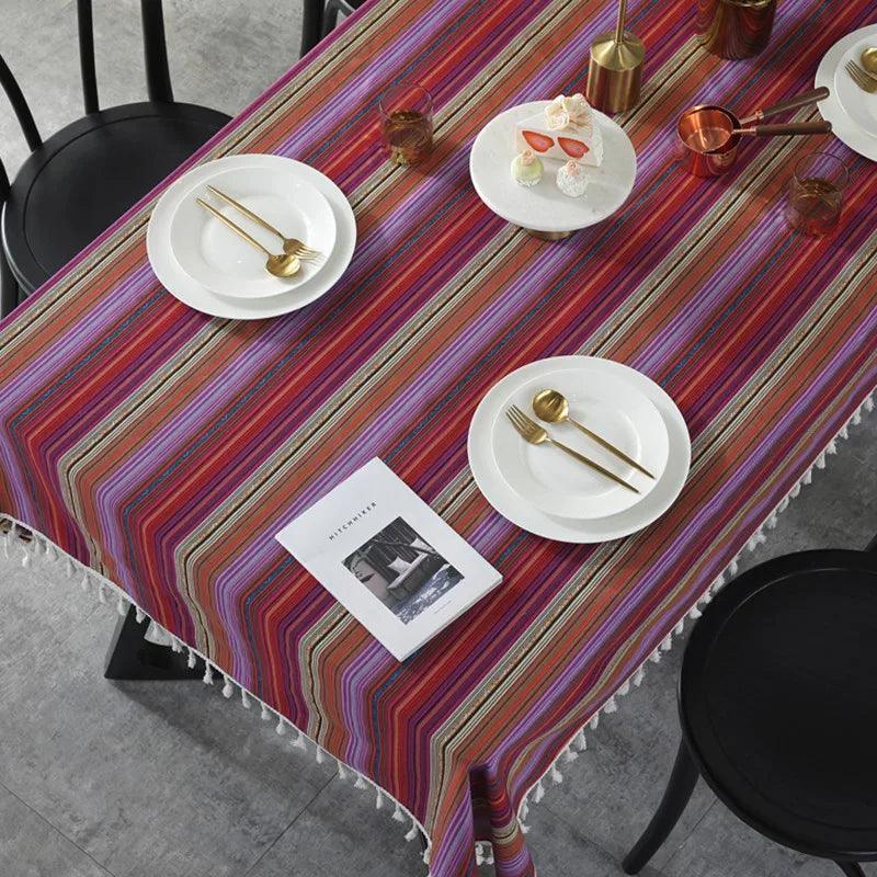 Hemasa  Bohemian Dining Tablecloth Colour Cotton Stripe Print Table Cloth Tassels
