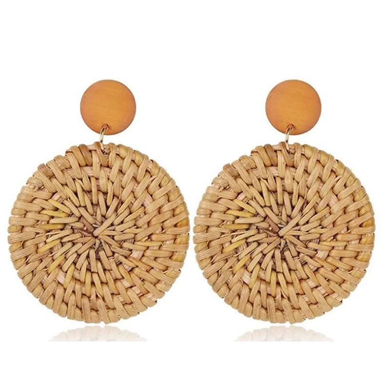 YAOLOGE 2024 New Korea Handmade Wooden Straw Woven Rattan Vine Braid Geometric Large Circle Long Drop Earrings For Women Girl