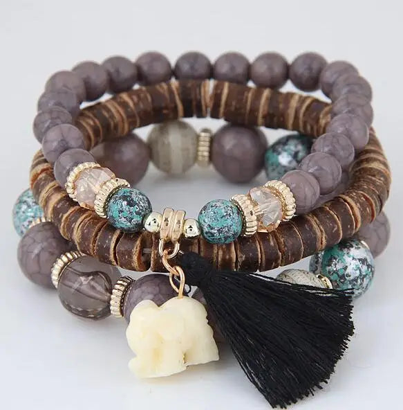 3pcs/set Wooden Beads Bracelets For Women Bohemia Elephant Tassel Charm Bracelets & Bangles Set Boho Vintage Jewelry Femme