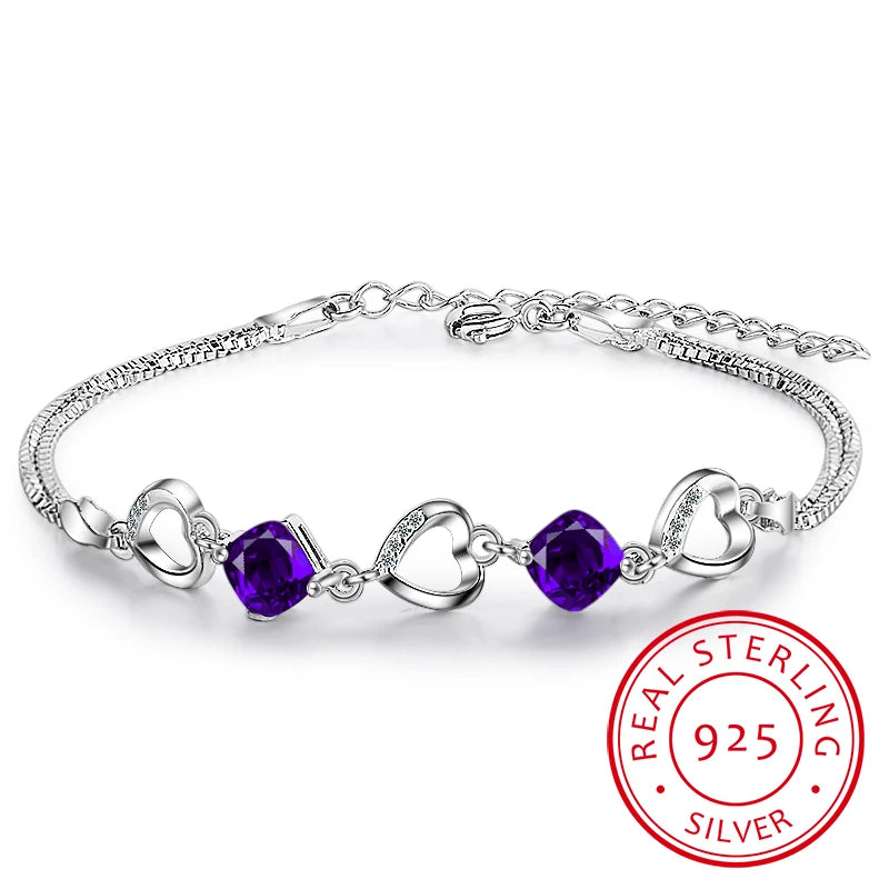Hot Fashion 925 Sterling Silver Bracelet For Women Heart Purple Zirconia Bracelet Pulseira Feminina