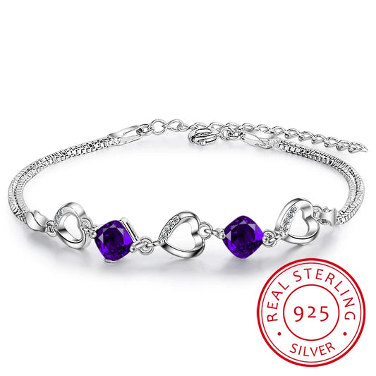Hot Fashion 925 Sterling Silver Bracelet For Women Heart Purple Zirconia Bracelet Pulseira Feminina