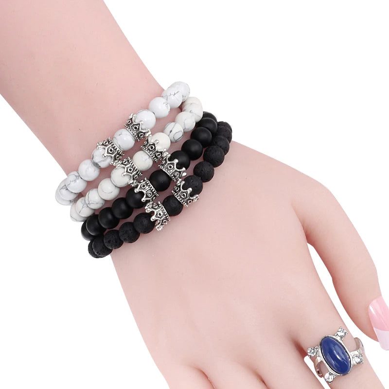 Hemasa Men Black Lava Bracelet Natural Stone Bead Bracelet with Gold Color Black Double Crown Bracelet Couple Jewelry
