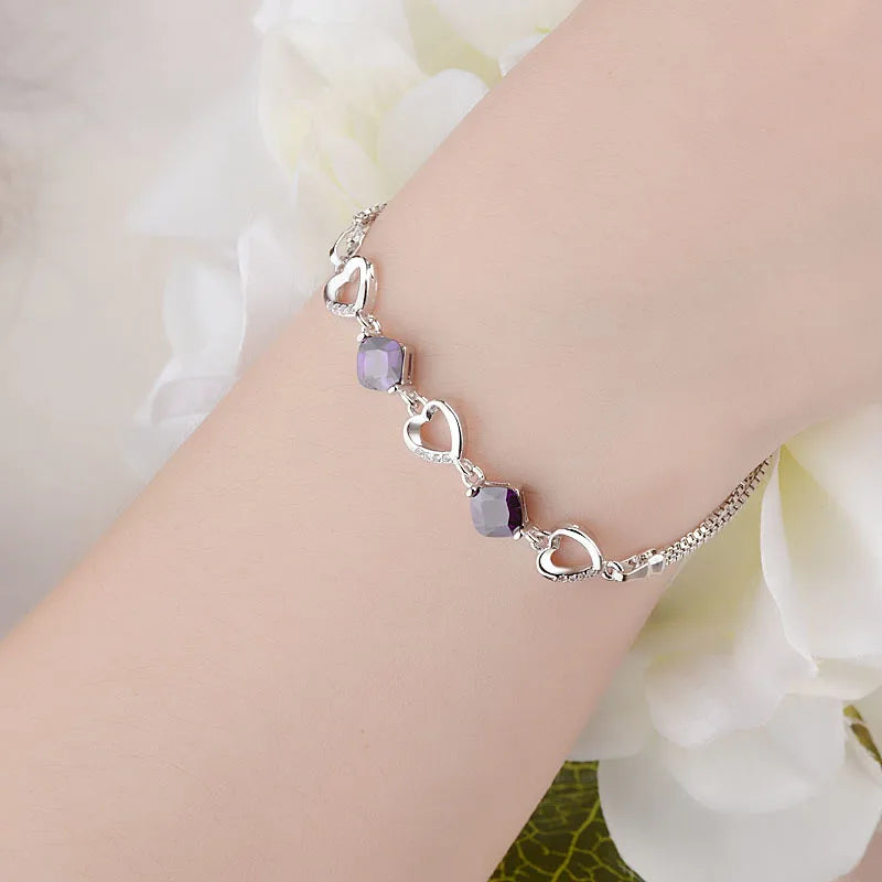 Hot Fashion 925 Sterling Silver Bracelet For Women Heart Purple Zirconia Bracelet Pulseira Feminina