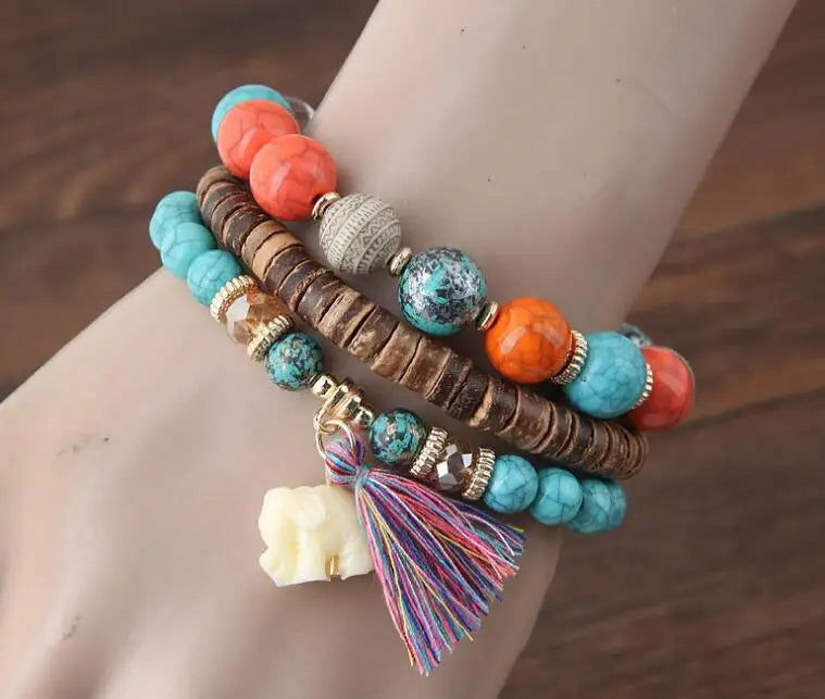 3pcs/set Wooden Beads Bracelets For Women Bohemia Elephant Tassel Charm Bracelets & Bangles Set Boho Vintage Jewelry Femme