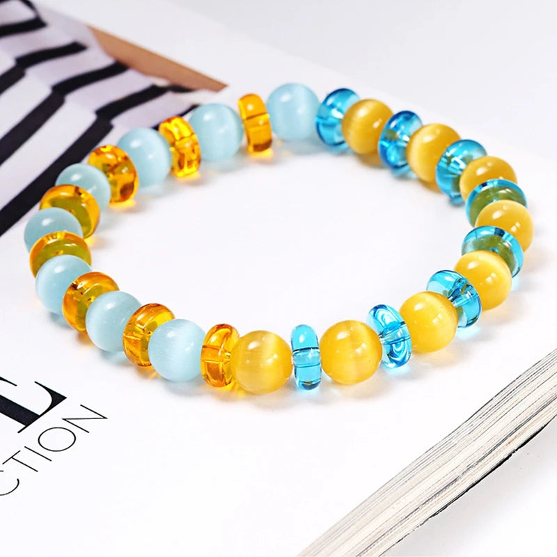 Blue Yellow Cat's Eye Stone Elastic Beaded Bracelet Creative European Fresh Trendy Opal Wrist Chain Accessory Costume Jewelry