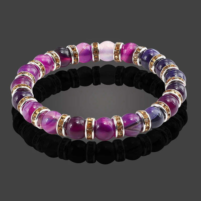 Fashion Natural Stone Bracelet Charm Women Color Crystal Rhinestone Purple Agates Beads Bracelets Bangles Women Elastic Jewelry