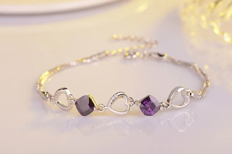 Hot Fashion 925 Sterling Silver Bracelet For Women Heart Purple Zirconia Bracelet Pulseira Feminina