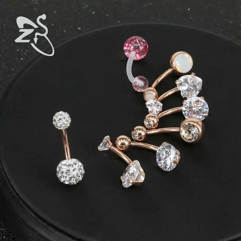 ZS 8pcs/lot Navel Belly Button Ring Heart Crystal Gem Rose Gold Color Piercings Omblig Navel Piercing Stainless Steel Piercing