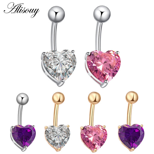 Alisouy 1pc Love Heart CZ Crystal Sexy Navel Belly Button Rings Silver Plated Stainless Steel For Women Piercing Body Jewelry