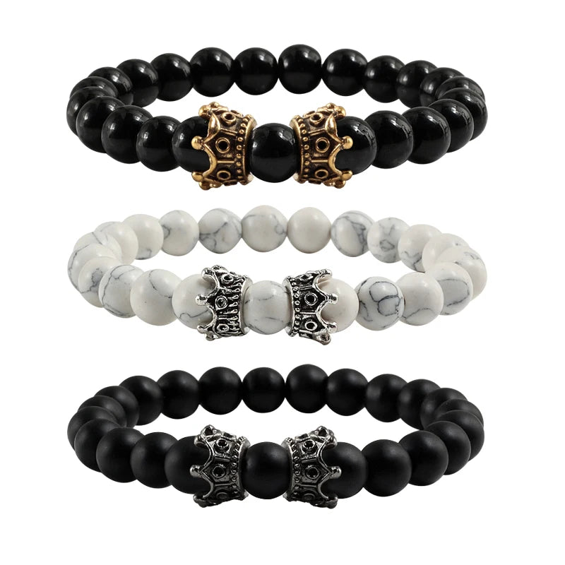 Hemasa Men Black Lava Bracelet Natural Stone Bead Bracelet with Gold Color Black Double Crown Bracelet Couple Jewelry