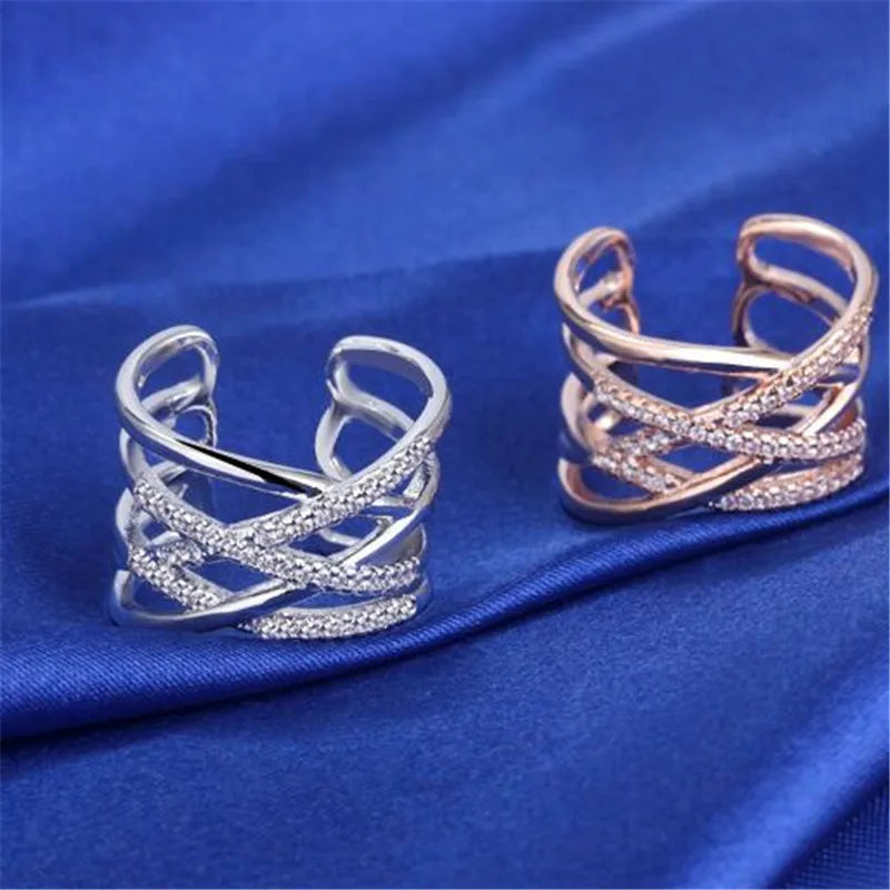 Korean Style 925 Sterling Silver Opening Rings Multi-layer Line Cross Mosaic Zirconia Rings For Women Jewelry S-r243