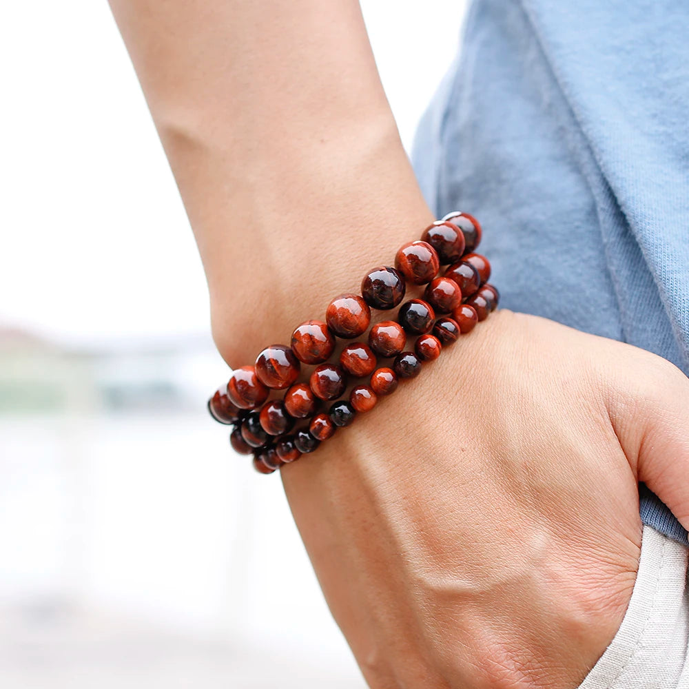 Tejesa Natural Stone Beads Red Tiger Eye Bracelet Strand Beaded Mens Buddha Bracelet For Women Male Yoga Handmade Jewelry
