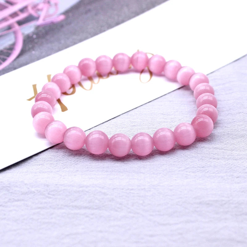 Heamasa Cute 4/6/8/10/12MM Pink Cat eye Beads Bracelet Bangle for Women