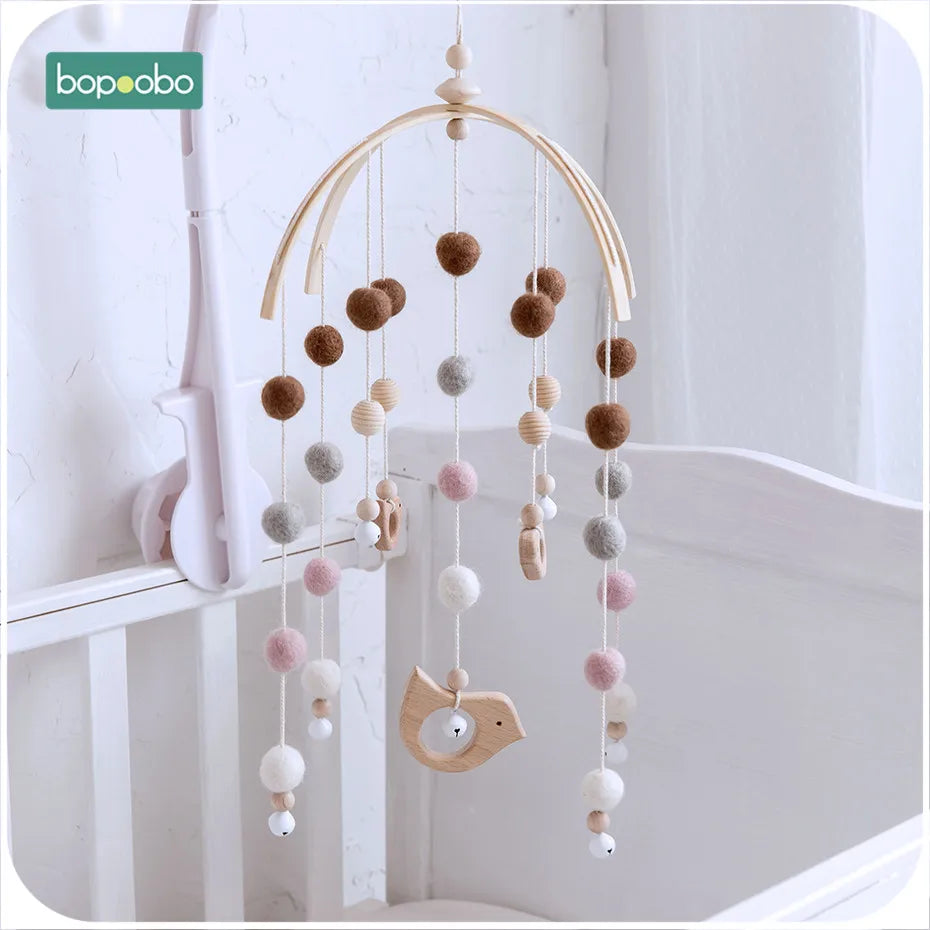 Bopoobo 1set Silicone Beads Baby Mobile Beech Wood Bird Rattles Wool Balls Kid Room Bed Hanging Decor Nursing Children Products