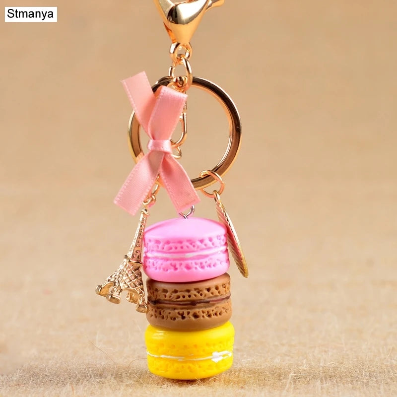 New Cake Key chain fashion car Key Ring Women bag charm accessories France Cake Macarons with Eiffel Tower Keychain gift Jewelry