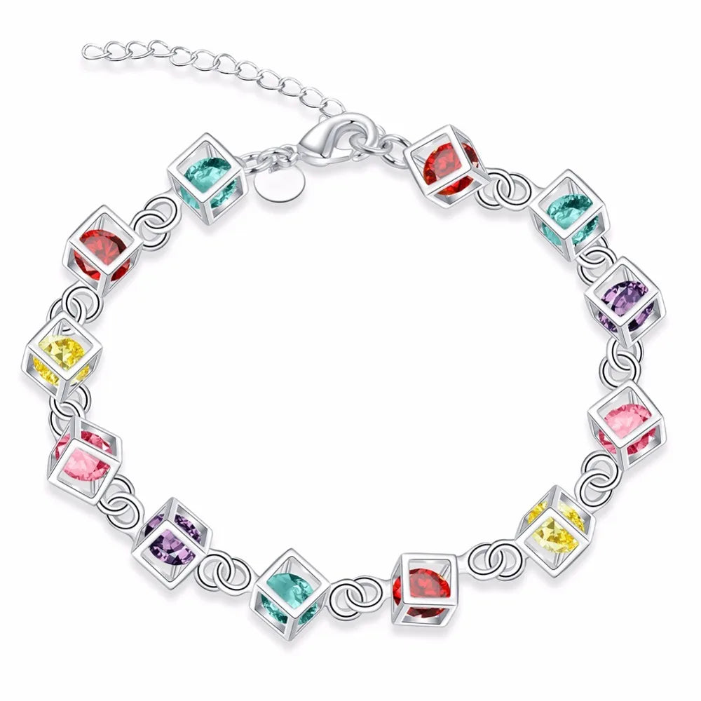 Hot Sale Shiny Cz Crystal Happiness Cube 925 stamp silver color Woman Girl Bracelet Multicolored Cube Rainbow Fine Jewelry
