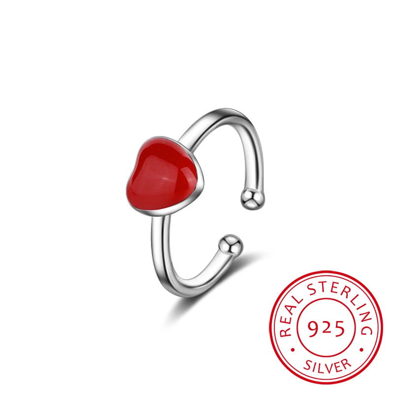 100% 925 Real Sterling Silver Fine Jewelry Red Heart Cocktail Ring Sizable 5 6 7 Girl  Kids Xmas Gift Xy855