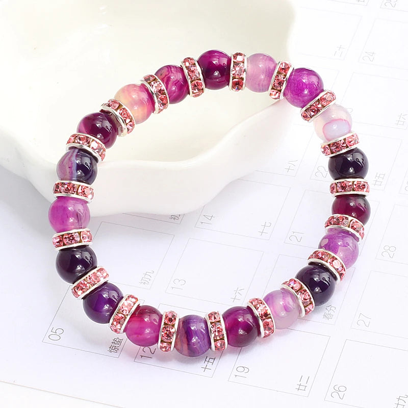 Fashion Natural Stone Bracelet Charm Women Color Crystal Rhinestone Purple Agates Beads Bracelets Bangles Women Elastic Jewelry