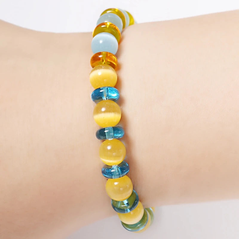 Blue Yellow Cat's Eye Stone Elastic Beaded Bracelet Creative European Fresh Trendy Opal Wrist Chain Accessory Costume Jewelry