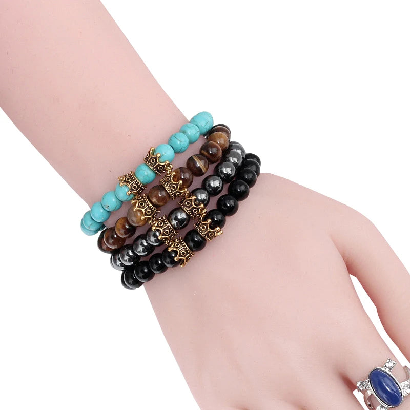Hemasa Men Black Lava Bracelet Natural Stone Bead Bracelet with Gold Color Black Double Crown Bracelet Couple Jewelry