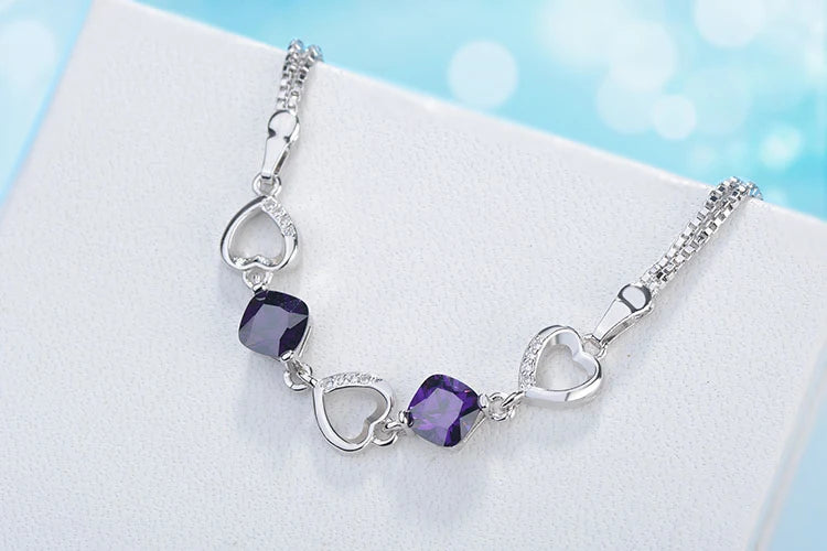 Hot Fashion 925 Sterling Silver Bracelet For Women Heart Purple Zirconia Bracelet Pulseira Feminina