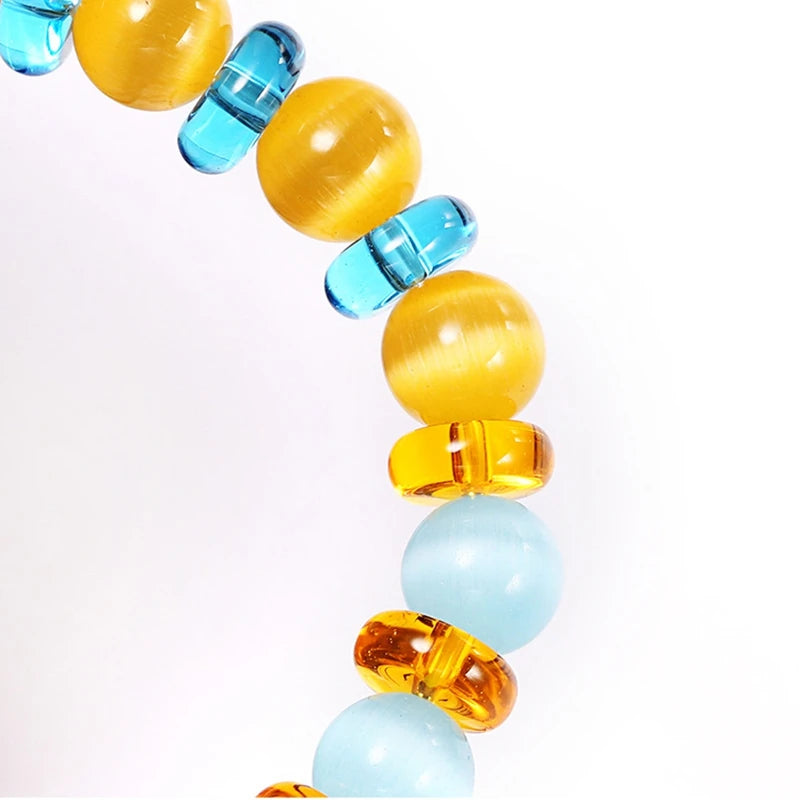 Blue Yellow Cat's Eye Stone Elastic Beaded Bracelet Creative European Fresh Trendy Opal Wrist Chain Accessory Costume Jewelry