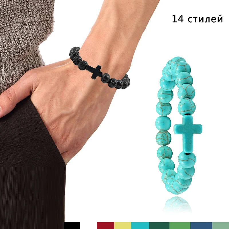Hemasa Natural Stone Bracelet Cross Black Lava Matte Beaded Bracelets