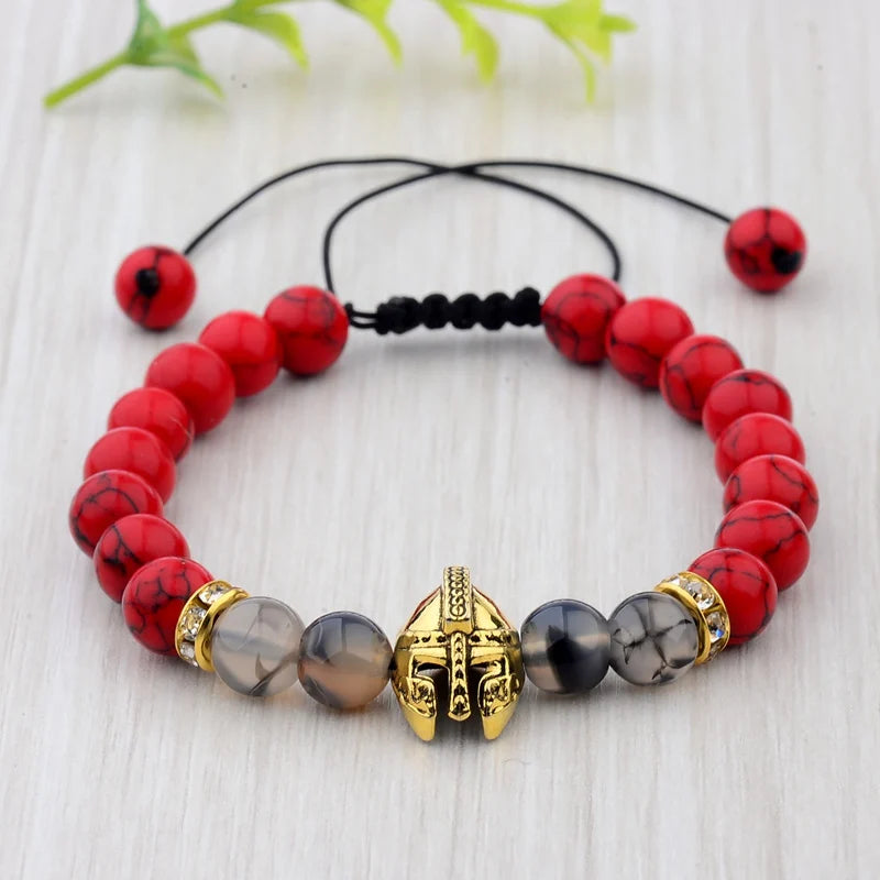 2020 Charm Men Weaving Bracelet Knight Spartan Warrior Gladiator Helmet Red Turquoises Stone Bracelets For Women ABK014
