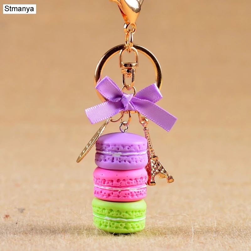 New Cake Key chain fashion car Key Ring Women bag charm accessories France Cake Macarons with Eiffel Tower Keychain gift Jewelry