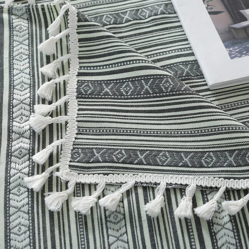 Hemasa  Bohemian Dining Tablecloth Colour Cotton Stripe Print Table Cloth Tassels