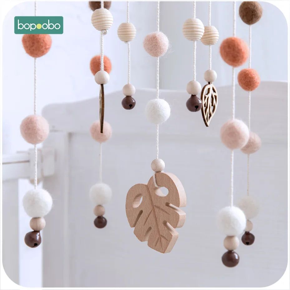 Bopoobo 1set Silicone Beads Baby Mobile Beech Wood Bird Rattles Wool Balls Kid Room Bed Hanging Decor Nursing Children Products