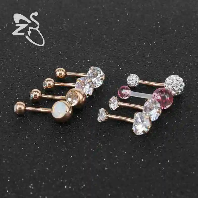 ZS 8pcs/lot Navel Belly Button Ring Heart Crystal Gem Rose Gold Color Piercings Omblig Navel Piercing Stainless Steel Piercing